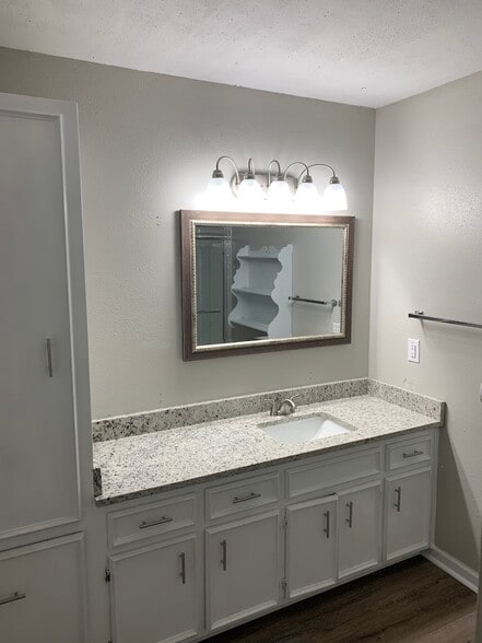 Guest bathroom with granite countertops, new vanity lights. - 1903 Ginnett Rd