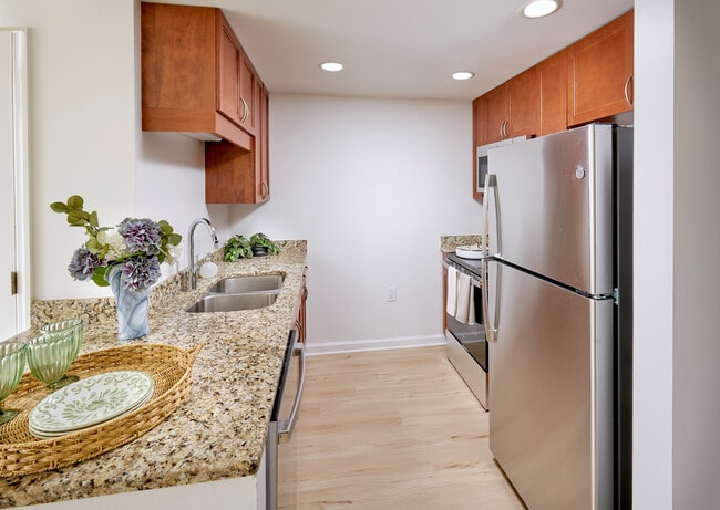This modern studio kitchen features sleek stainless steel appliances that contrast beautifully with existing granite countertops and custom cabinetry. The space is tied together with new, durable vinyl plank wood-style flooring and updated overhead lighting. - Meridian at Grosvenor Station
