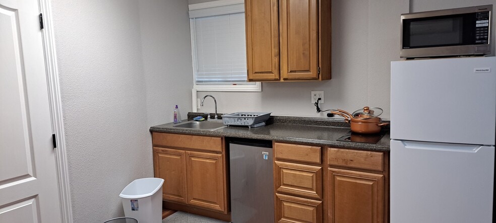 Kitchen with 2 burner induction cooktop and microwave. - 1368 Pegan Common