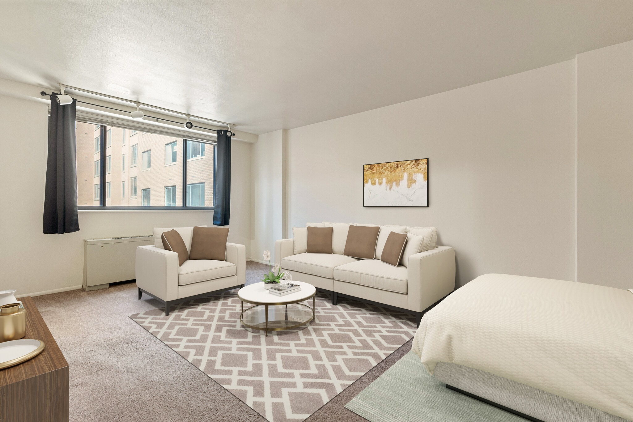Bed and Living Room view from closet/bathroom Note: Carpet has been replaced with LVT Flooring - 1420 N St NW