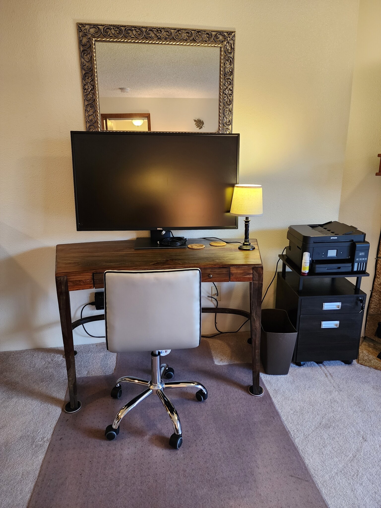 Office area with Huge monitor, priner with cart and file cabinet and premium chair - 9645 Independence Dr