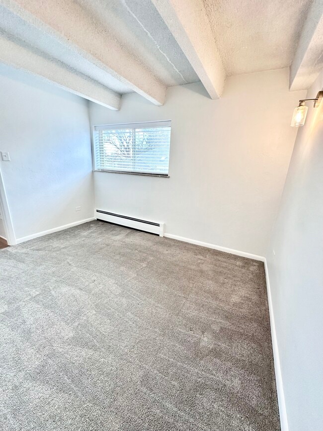 Bright and inviting room with plush carpet, large window, and elegant exposed beams. - Columbine Plaza