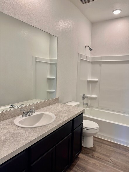 The downstairs secondary bathroom features a large countertop and plenty of storage. - 730 Tejas Village Pky