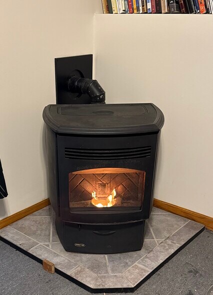 Pellet Wood stove burning fireplace for coziness. Barefoot wood Pellets are supplied - 26 Rochester St
