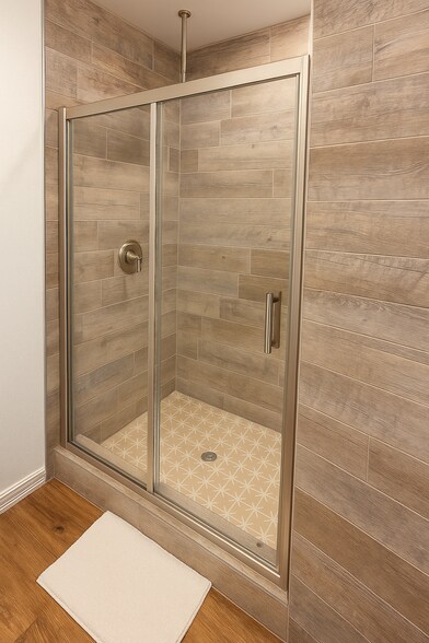 Elegant Bathroom with Double Vanity and Clean modern Shower Room - 10116 Mercedes St