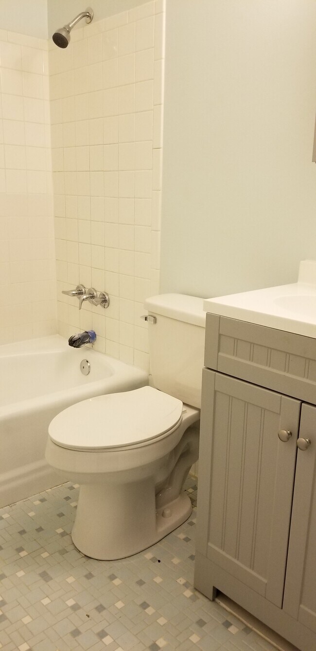 The bathroom has tile floor and tub surround, new cabinetry, toilet, mirror and lights - 699 Chestnut St