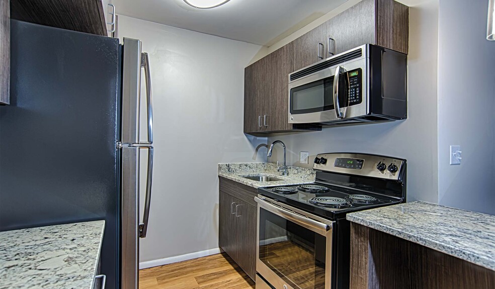 Renovated kitchens are available in select homes, featuring granite countertops and stainless steel appliances - Chestnut Hall