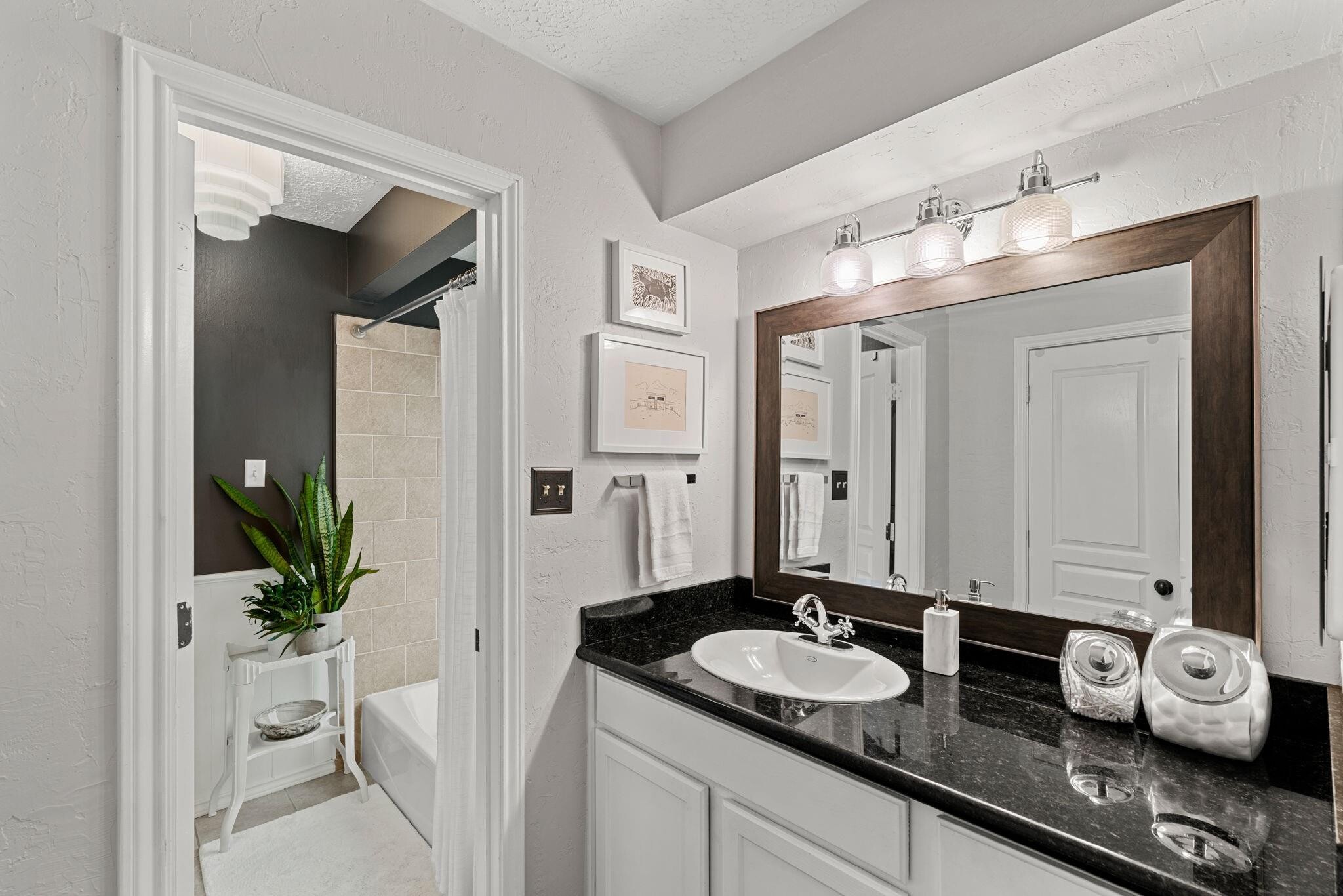 Master bathroom with separate vanity area. (The whole back of the shower is a huge frosted window!) - 1178 Bournewood Dr