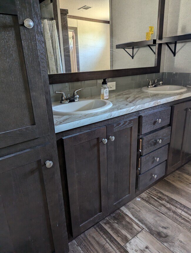 Dual vanity counter with functional storage and drawers - 179 Davis Rd