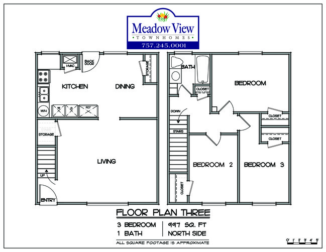 3BED 1BA | PLAN THREE | NORTH SIDE - Meadowview Apartments