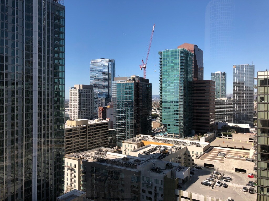 View of the DTLA skyline from the living room area - 801 S Grand Ave