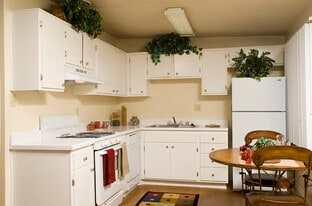 Gas range stove with overhead vent in kitchen - Walden Glen Apartments