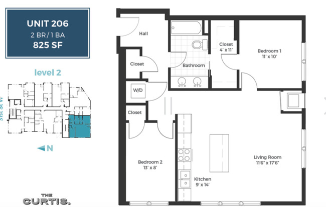 206/306 2BD, 1 BA Floor Plan - The Curtis Apartments