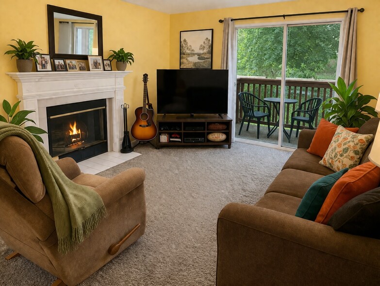 Cozy living room with wood-burning fireplace w/mantle. - 10620 SW Davies Rd