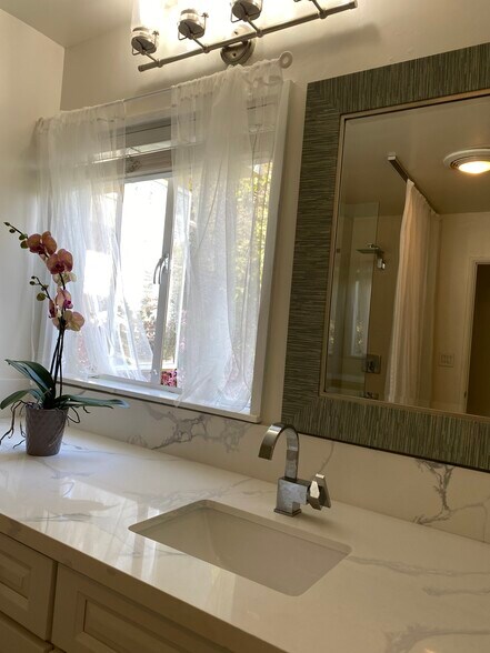 Bathroom with view of park and garden - 241 S Barrington Ave