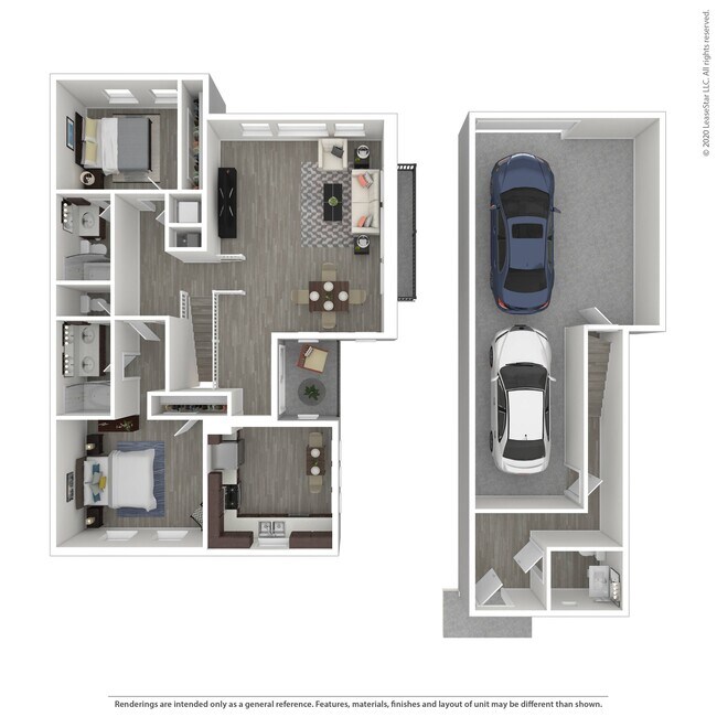 Multi-level two bedroom, two-and-a-half bath townhome. Bedrooms on the top floor with bathrooms in each bedroom for privacy. Washer and dryer included on the second floor for easy access. Attached, two-car tandem garage included. - Trio Townhomes