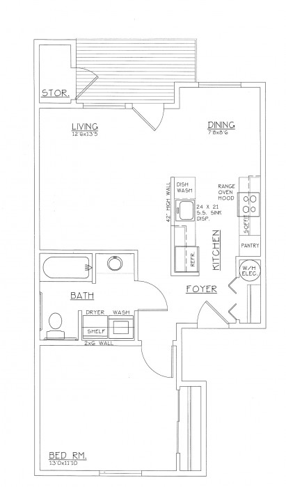 Floor Plan 1 bedroom, 1 bath, 728 SF - Orchard Ridge Apartments