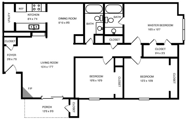 3BR/2BA 1096 sq ft - room dimensions - The Park @ Live Oak Apartments