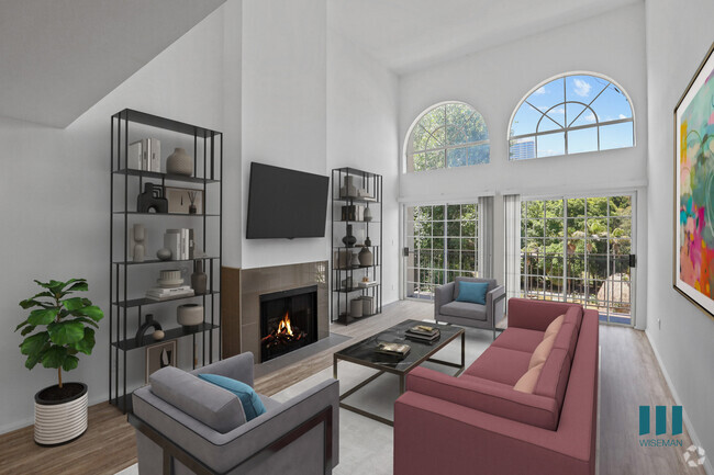 Living Room with Fireplace, Vinyl Flooring, and Large-Size Windows - Ohio Rose Apartments