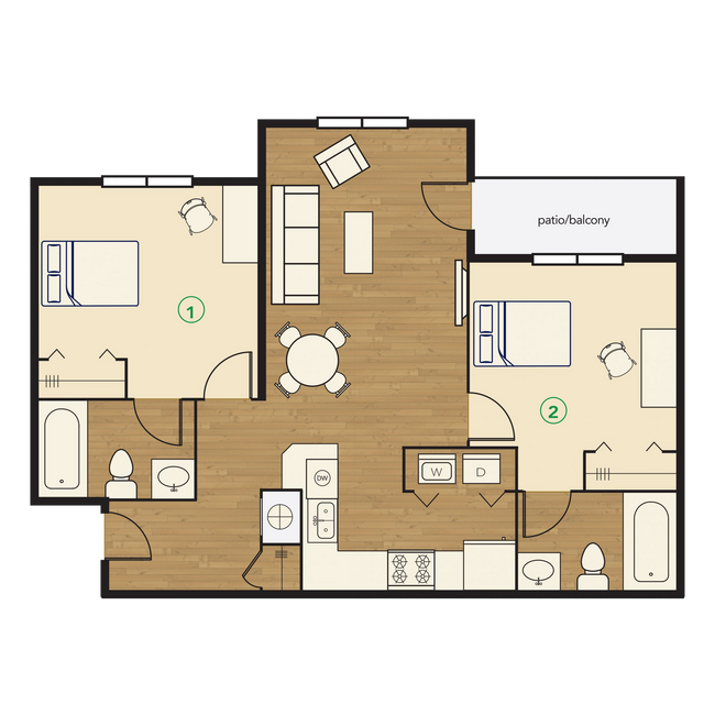 River Club Apartments 2x2 Floor Plan - River Club Apartments