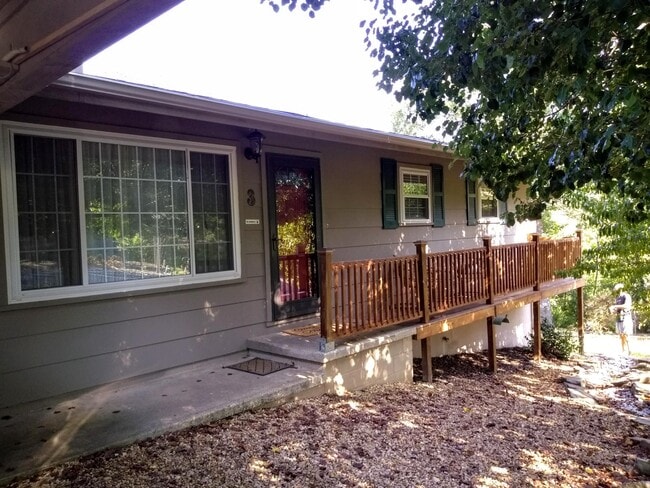 front of house - car port, raised porch area, peach tree - 3 Morris Ln
