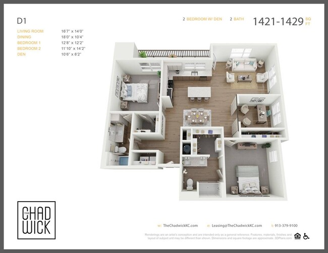 Two Bedroom with Flex Den, Two Bath - The Chadwick