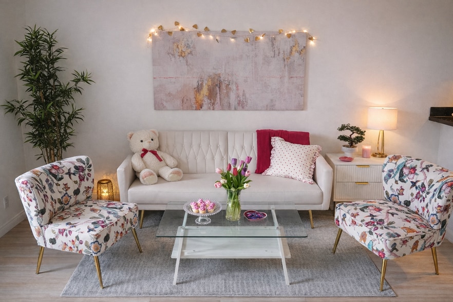 Cozy living room with comfortable seating. Decor available on demand. - 4401 Kraft Ave