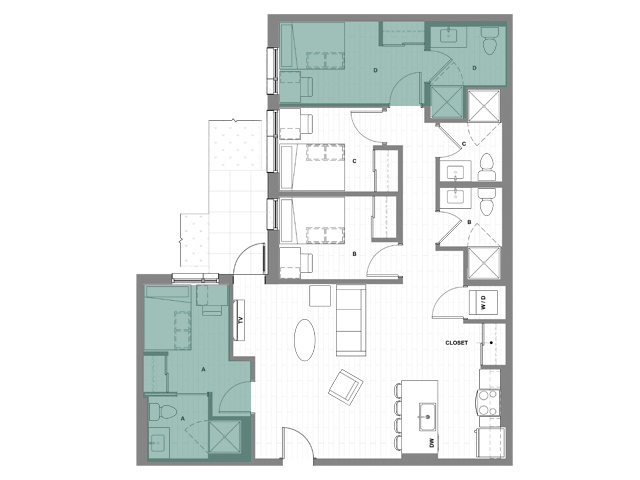 4x4 B Courtyard Master - HERE Seattle Student Apartments