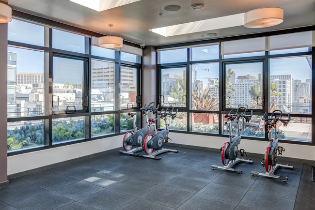 Exercise bikes in a San Francisco apartment gym with a view. - Olume