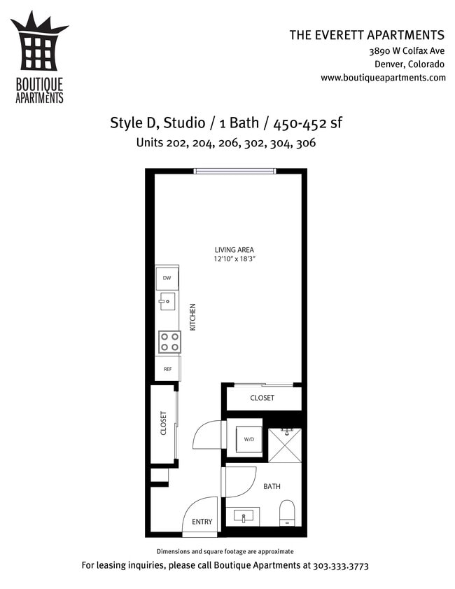 Style D, Studio/1BA, 450-452sf - The Everett