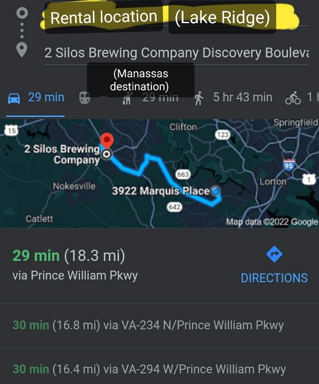 Example Manassas travel time - 3922 Marquis Pl