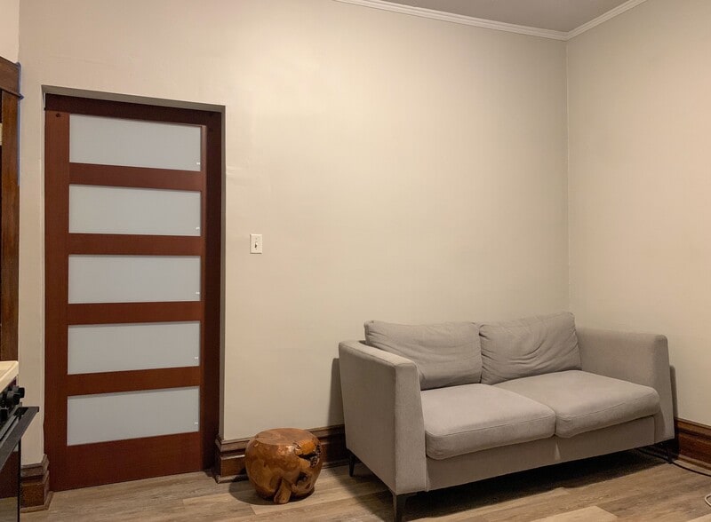 Living area w/ barn door to bedroom, for privacy (current configuration) - 350 Cobun Avenue