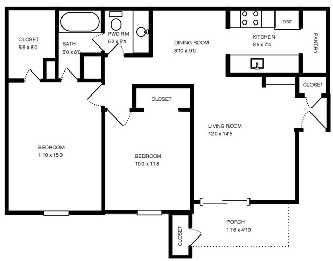 2BR/1BA 784 sq ft - room dimensions - The Park @ Live Oak Apartments