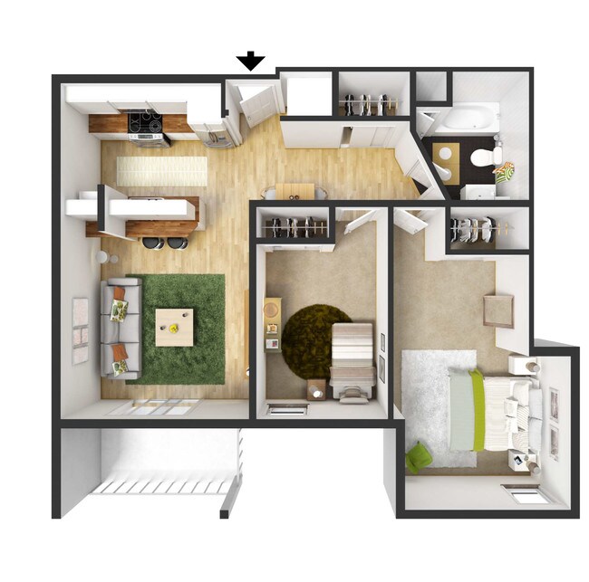 3D Floor Plan - 863 SF - 2BR/1 Bath - Oakcrest Condominiums