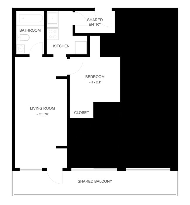 1BR, 1BA - 400SF - Floor Plan B - Blackstone Apartments