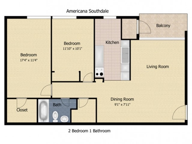 2 Bedroom 1 Bath Deluxe - Americana Southdale