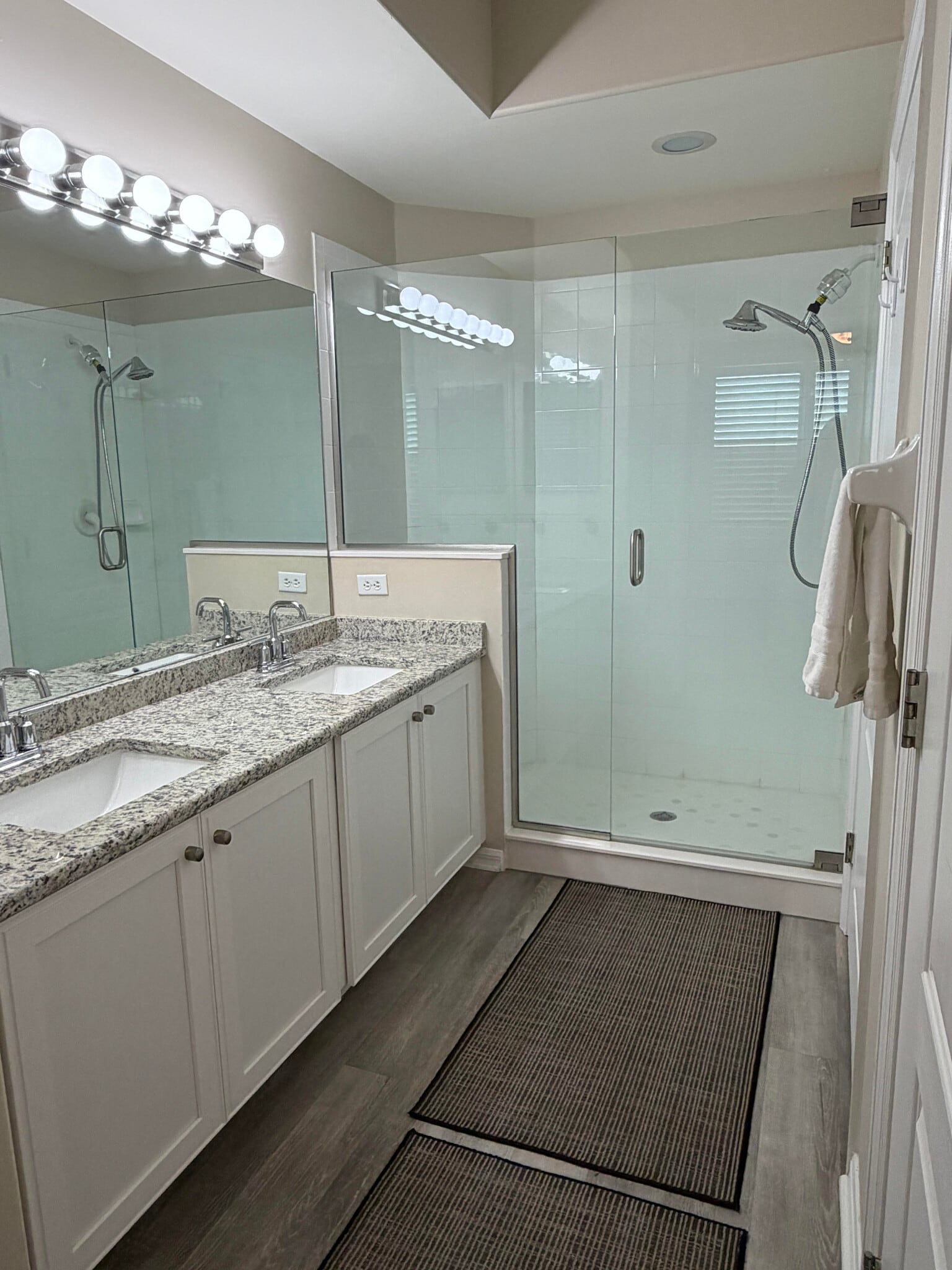 Master bathroom with new granite, sink, cabinets. Full glass shower. Large walk-in closet to right. - 9231 Spring Run Blvd