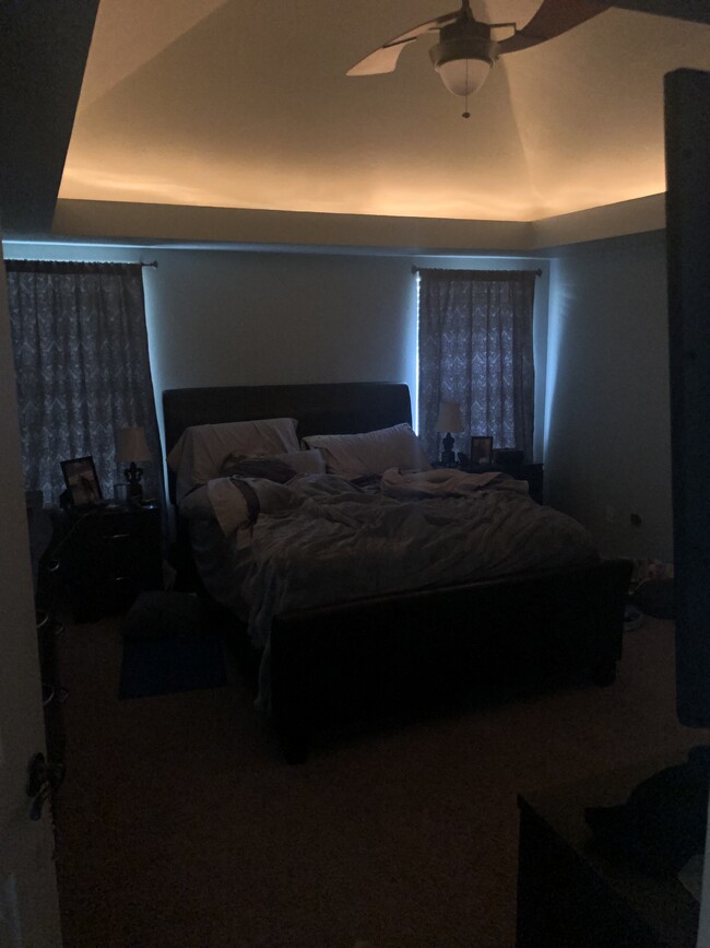 Master bedroom on opposite side of guest rooms. Queen-sized bed, custom mood lighting and separate ceiling fan/light. Lots of natural light with open curtains. - 2327 Austrian Pine Dr