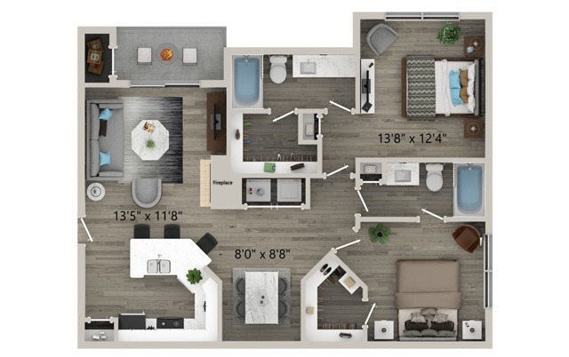 Two Bedroom Two Bath Floor Plan - Halston on Frankford