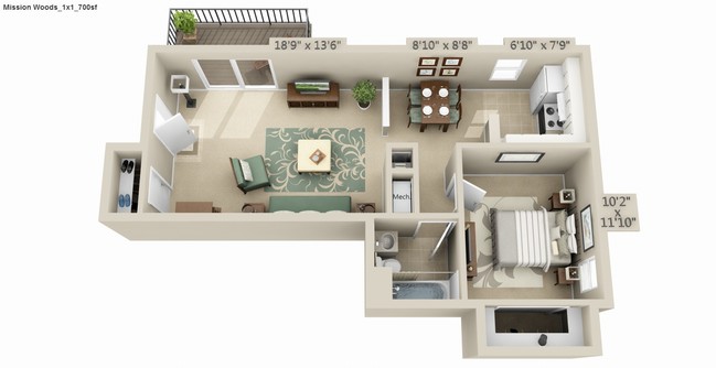 1 Bedroom Floor Plan - 42-01 Mission Woods