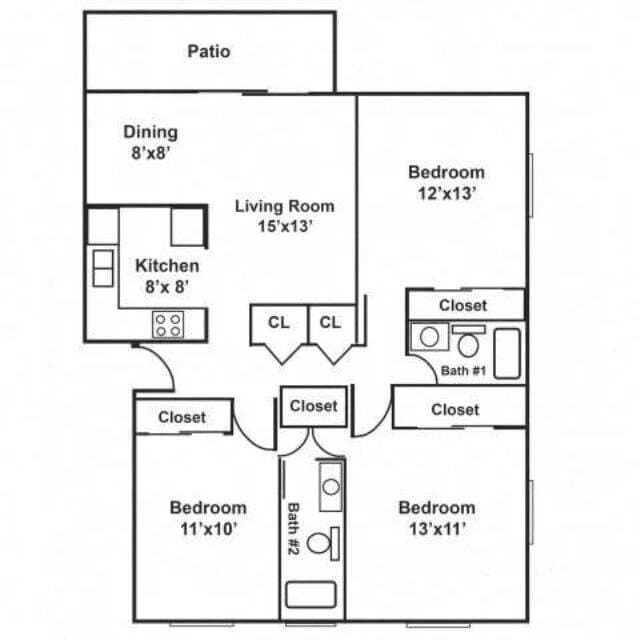 3x2 Classic, 3x2 Renovated (The Plantation) 1225 sq ft - The Essex