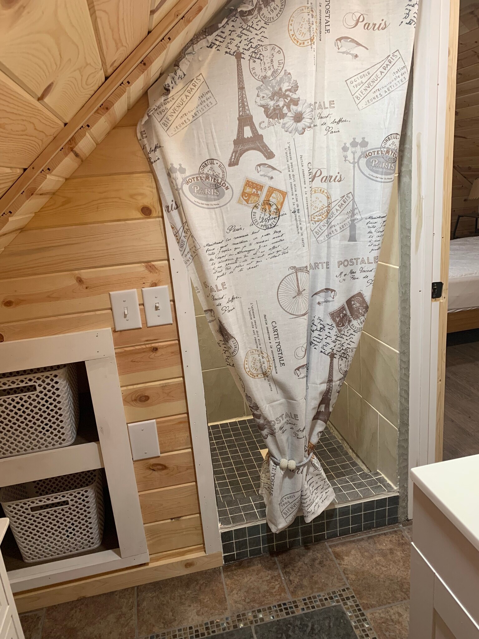 Compact full bathroom, tiled floor, shower stall tiled- height inside stall 5’9” - 135 Lock Seven Ln