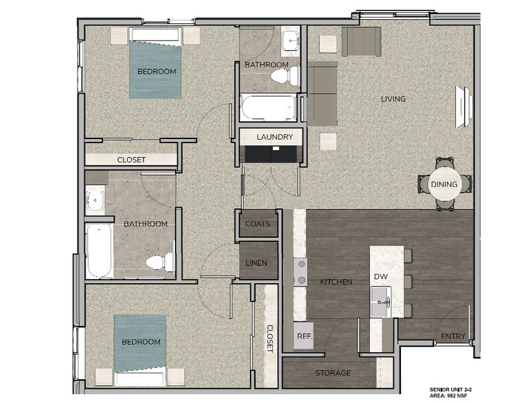 Clock Tower Senior 2x2 982 sf - Clock Tower Senior Apartments