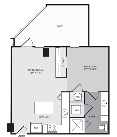 Studio apartment with kitchen island, patio and 518 square feet - Cantabria at Turtle Creek closed