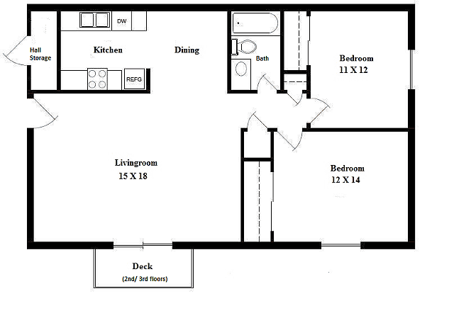 2-bed, 1-bath floorplan - 3124, 3128, 3132 Lundin Drive