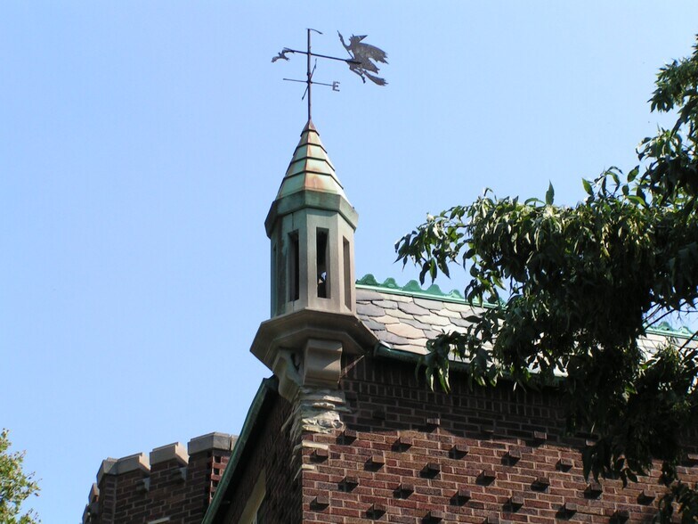 Lighted Stone Turret w/ Witch on a Broomstick Vane - 5801 N Rockwell St