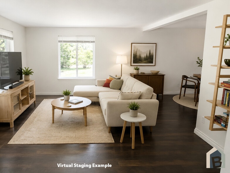 Bright welcoming living room with a view of lawn and mature evergreens - 20981 Port Gamble Rd NE