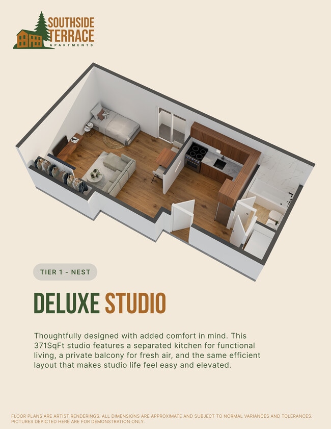 Deluxe Studio Floor Plan - Southside Terrace Apartments