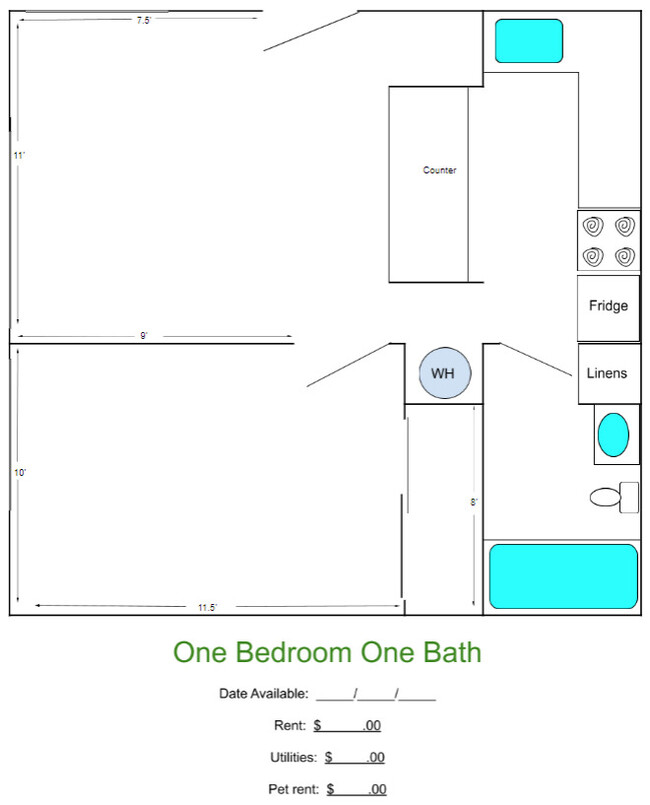 One Bed Floor Plan - Evergreen Park Apartments