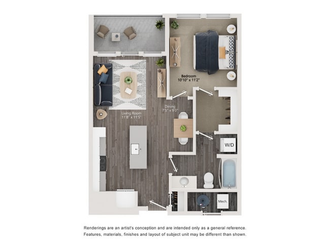 Elegant 1-bedroom floor plan featuring an open living room, modern kitchen, cozy dining area, and a balcony. Includes a bathroom, and in unit washer/dryer, at The Richmond Apartments in SLC. - The Richmond Apartments